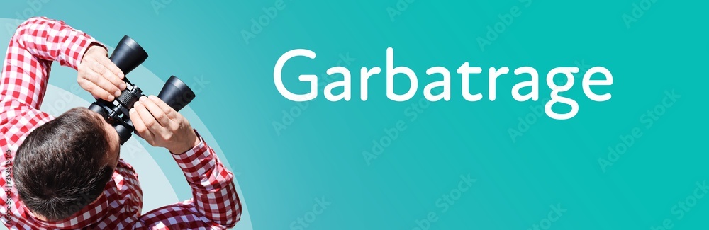 Fototapeta premium Garbatrage. Businessman (man) looks through binoculars. Birds eye view. Focus on text. Blue Background. Business, Finance, Statistics, Analysis, Economy
