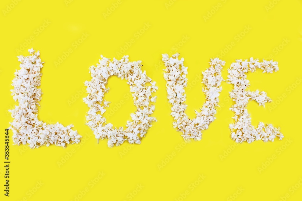 The inscription Love is written in white flowers of lilac on a yellow background. The word love is written with lilac flowers. Flower inscription Love. Background for a greeting card. Wedding, Valenti