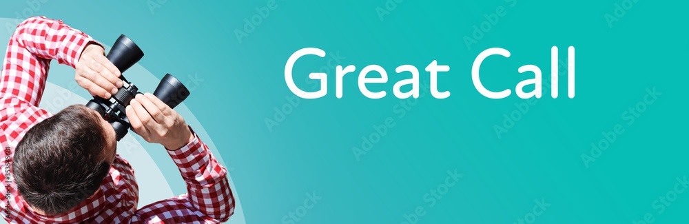 Fototapeta premium Great Call. Businessman (man) looks through binoculars. Birds eye view. Focus on text. Blue Background. Business, Finance, Statistics, Analysis, Economy