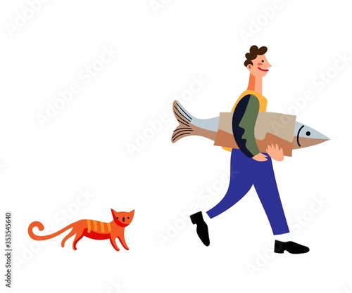 Man walking with fish in hand and cat on white