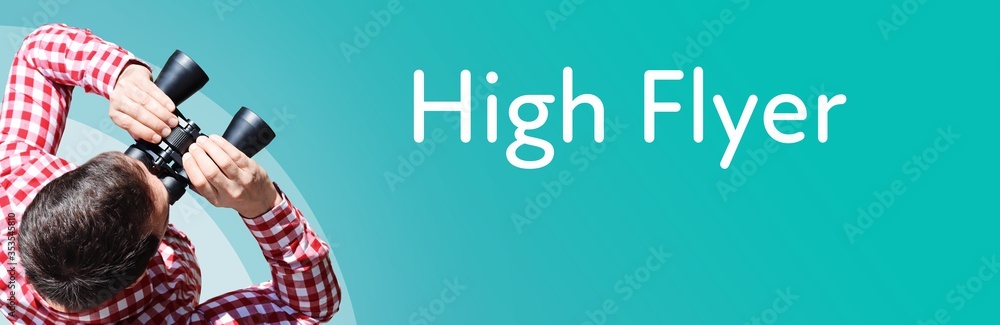 Fototapeta premium High Flyer. Businessman (man) looks through binoculars. Birds eye view. Focus on text. Blue Background. Business, Finance, Statistics, Analysis, Economy