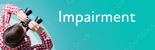 Impairment. Businessman (man) looks through binoculars. Birds eye view. Focus on text. Blue Background. Business, Finance, Statistics, Analysis, Economy