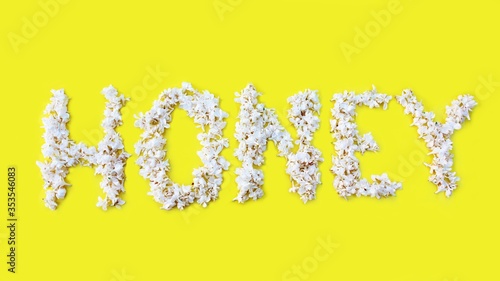 Obraz na płótnie The inscription Honey is written in white flowers of lilac on a yellow background. The word Honey is written with lilac flowers. Flower inscription Honey. Background for a greeting card. Wedding w salonie