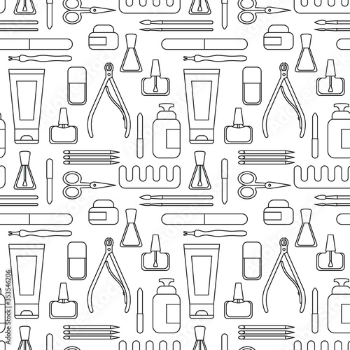 Manicure tools and accessories. A set of elements on the topic of nail manicure. Seamless pattern. Vector illustration in line minimal style. Black and white