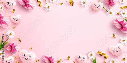 Pink or Love background concept with sweet hearts,flower,pink gift box and lovely element on pink background.Promotion and shopping template or background for Love concept.Vector illustration eps 10
