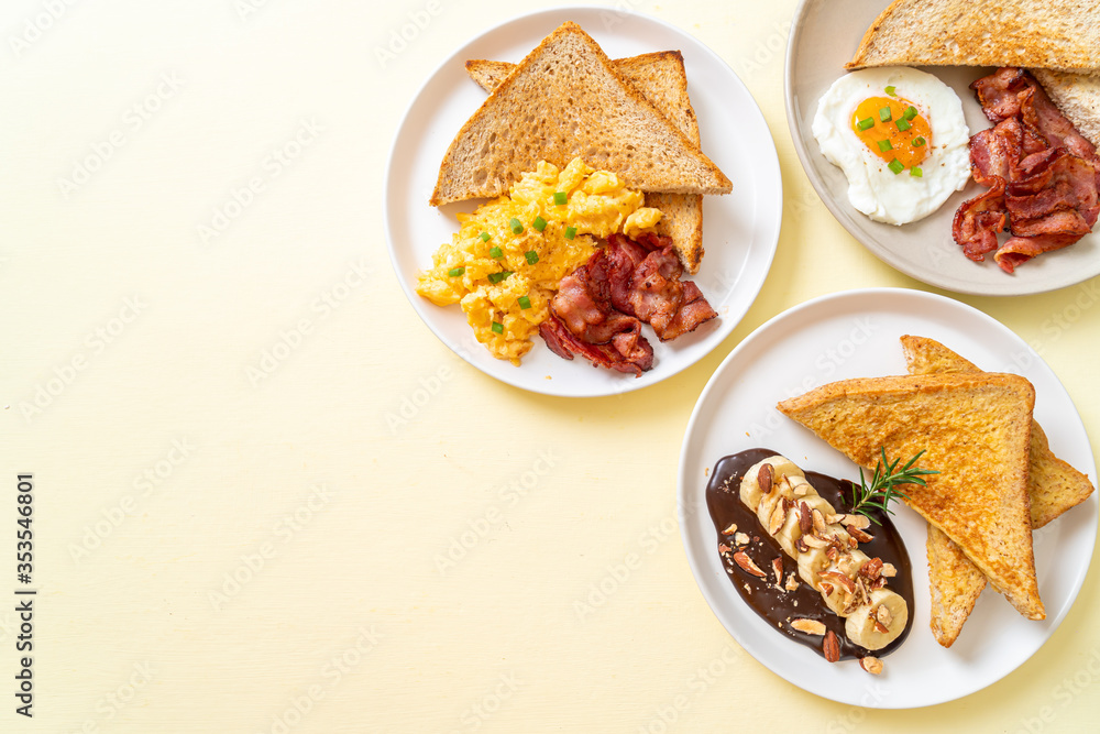 fried egg with bread toasted and bacon, scramble egg with bread toasted and bacon, French toast with banana chocolate almonds fried egg with bread toasted and bacon, scramble egg with bread toasted and bacon, French toast with banana chocolate almonds