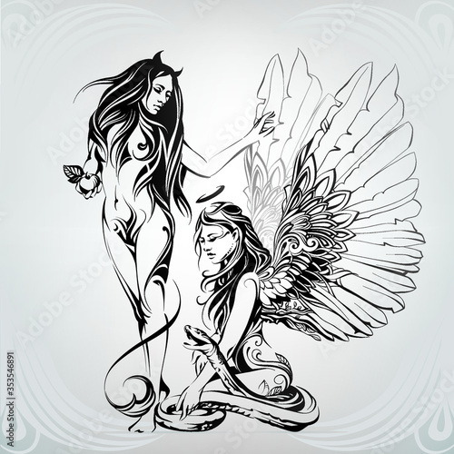 Silhouette of an angel and the demon in an ornament