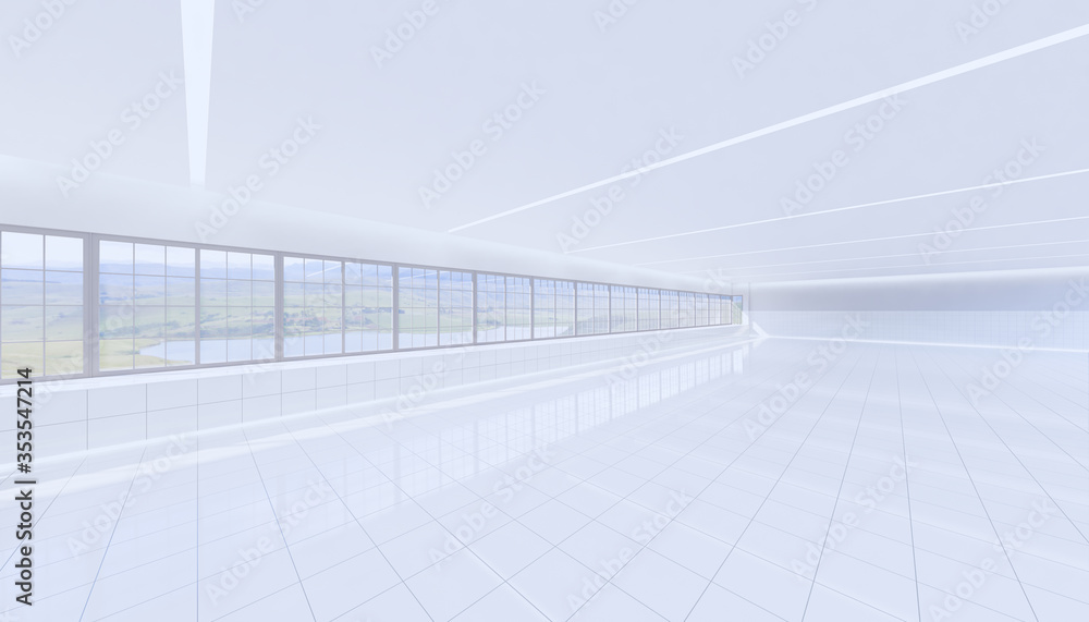 3d rendering of empty room and white tile floor and window background. 3d rendering of empty room and white tile floor and window background.