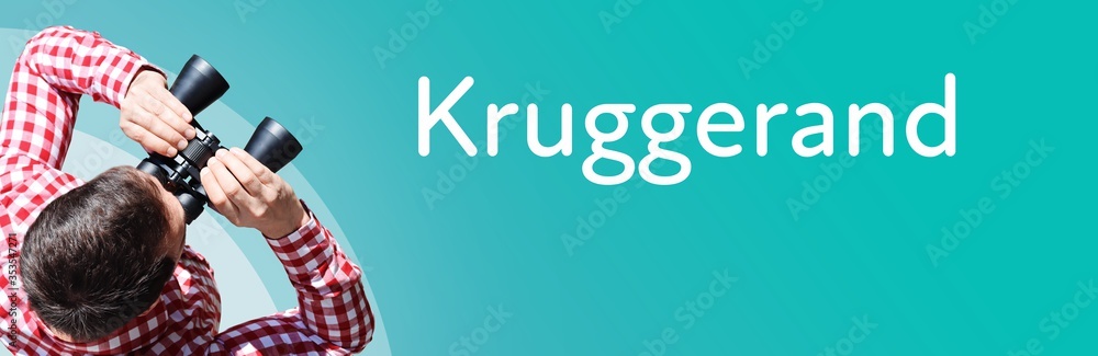 Fototapeta premium Kruggerand. Businessman (man) looks through binoculars. Birds eye view. Focus on text. Blue Background. Business, Finance, Statistics, Analysis, Economy