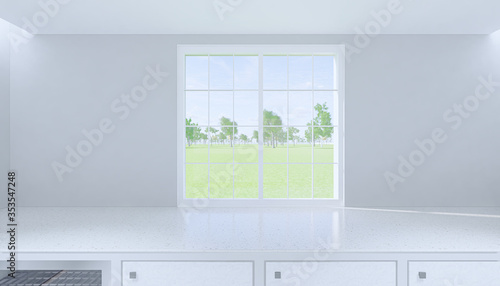 3d rendering of countertop product display and window background.