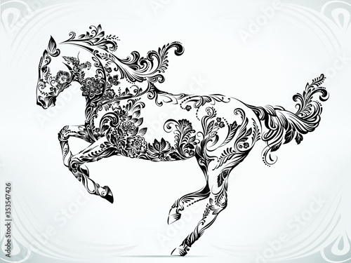 Running horse in floral ornament