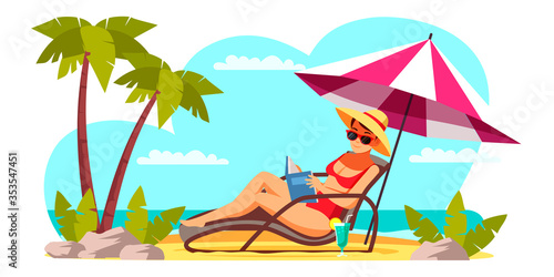 Woman reading book on beach vacation sea tropical resort