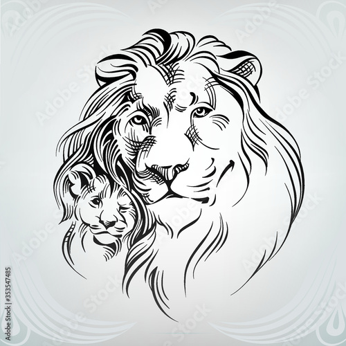Silhouette of lion with the young lion