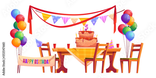 Birthday outside party set isolated on white background. Vector cartoon furniture and decoration, holiday banner, flags garland, cupcake with candles and bunch of balloons. Celebration anniversary