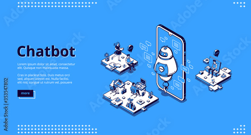 Chatbot banner. AI technology in business for support customers. Vector landing page of virtual assistant for online help to clients. Isometric office with working people and smartphone with robot