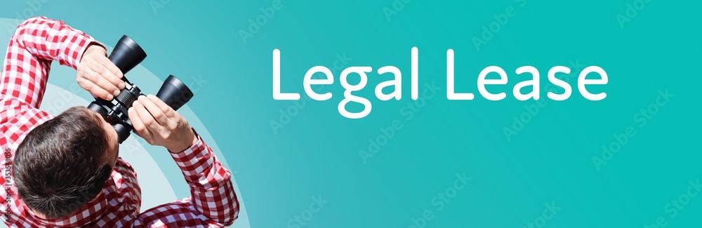 Fototapeta premium Legal Lease. Businessman (man) looks through binoculars. Birds eye view. Focus on text. Blue Background. Business, Finance, Statistics, Analysis, Economy