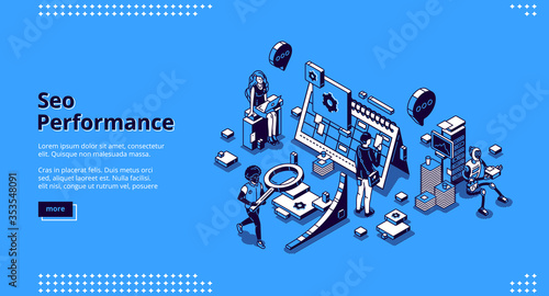 SEO performance isometric landing page. Optimization technology for internet marketing and digital business content. Office people and robot at huge calendar, workflow 3d vector line art web banner