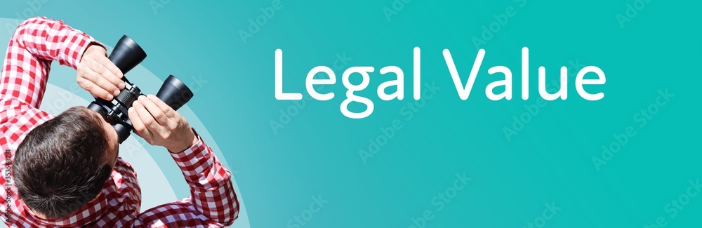 Naklejka premium Legal Value. Businessman (man) looks through binoculars. Birds eye view. Focus on text. Blue Background. Business, Finance, Statistics, Analysis, Economy
