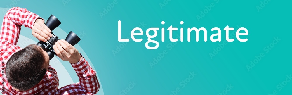 Fototapeta premium Legitimate. Businessman (man) looks through binoculars. Birds eye view. Focus on text. Blue Background. Business, Finance, Statistics, Analysis, Economy
