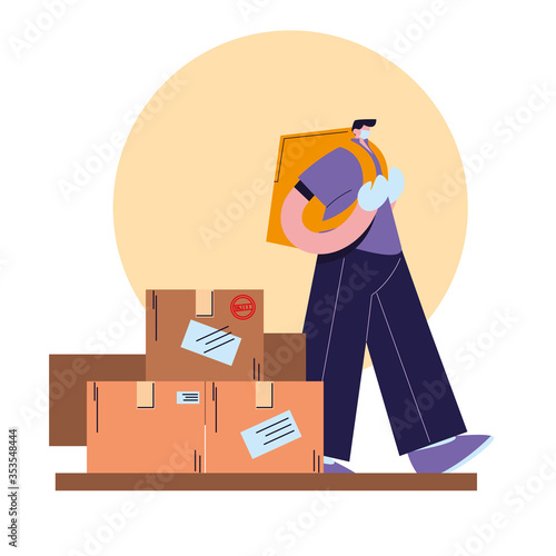 man with face mask, gloves and shipping packages