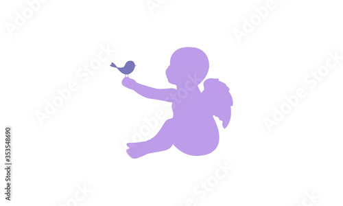 Vector illustration of purple silhouette of a baby child with wings while sitting and holding a bird on outstretched arm. Great for children s icon  cherub symbol  branding  logos and advertising.