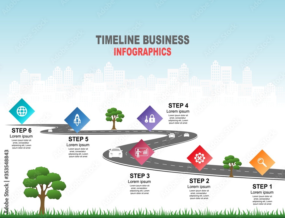 Vector template infographic Timeline of business operations with flags and placeholders on curved roads. Symbols, steps for successful business planning Suitable for advertising and presentations.