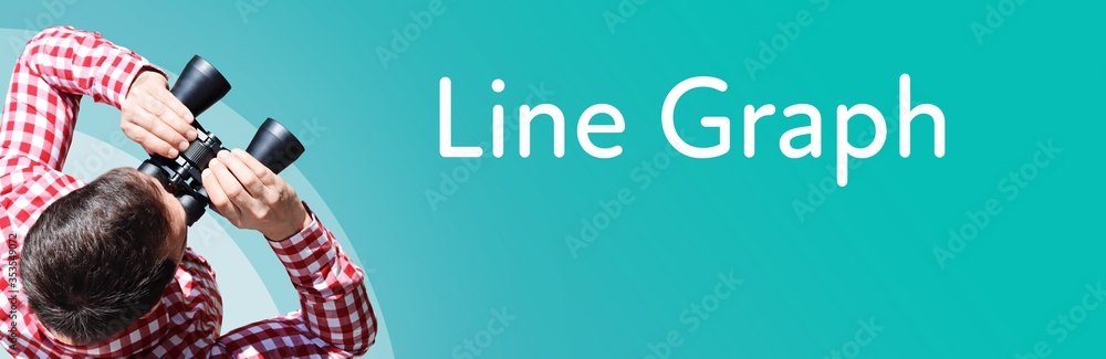 Fototapeta premium Line Graph. Businessman (man) looks through binoculars. Birds eye view. Focus on text. Blue Background. Business, Finance, Statistics, Analysis, Economy