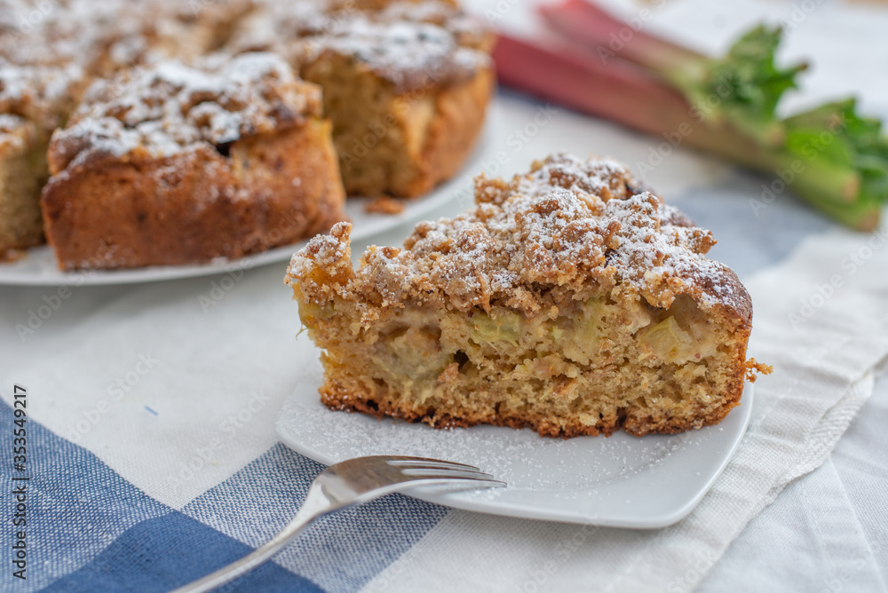 Home made Sweet Rhubarb cake with fresh rhubarb and cinnamon streusel