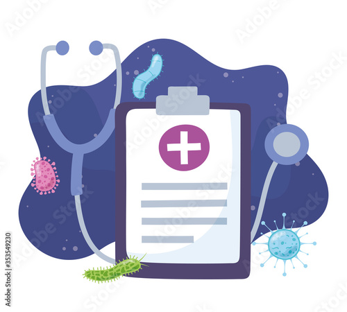 telemedicine, stethoscope and clipboard report medical treatment and online healthcare services