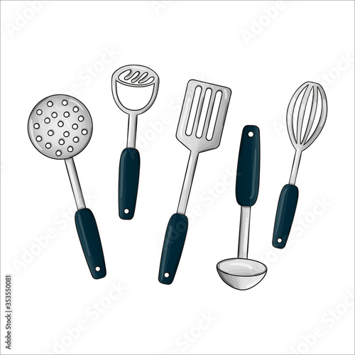 Vector colored dinnerware set. Kitchen tool icons isolated on white background. Cartoon style cooking equipment. Skimmer, potato musher, ladle vector illustration