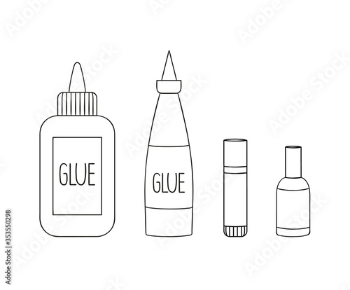 Set of glue line icons. Vector colored stationery, writing materials, office or school supplies isolated on white background. Cartoon style