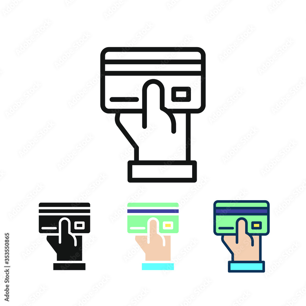 Hand holding credit card or ATM card for purchase. Payment by card in merchant as cashless payment method. Buy, credit card, hand, pay icon. Vector illustration. Design on white background. EPS 10 Hand holding credit card or ATM card for purchase. Payment by card in merchant as cashless payment method. Buy, credit card, hand, pay icon. Vector illustration. Design on white background. EPS 10