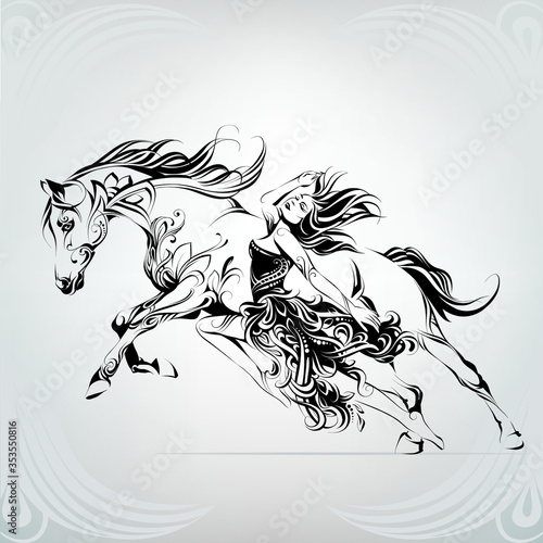 Silhouette of a running horse with a girl