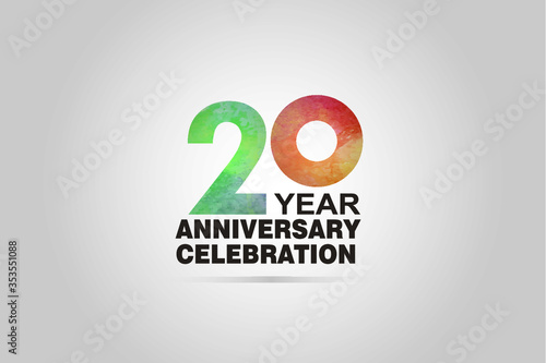 20 year anniversary celebration logotype with watercolor Green and Orange Emboss Style isolated on white background for invitation card, banner or flyer - vector