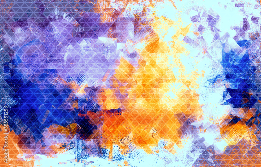 Orange, violet and blue strokes digital abstract painting. Beautiful random colors background artwork. Painting in warm colors scheme with an accents