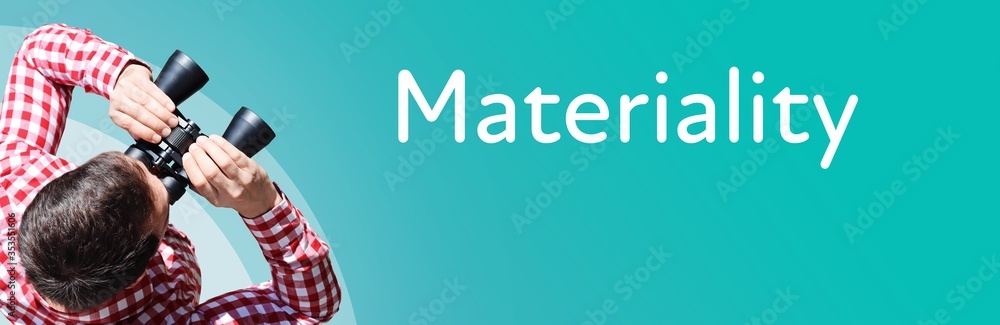 Naklejka premium Materiality. Businessman (man) looks through binoculars. Birds eye view. Focus on text. Blue Background. Business, Finance, Statistics, Analysis, Economy