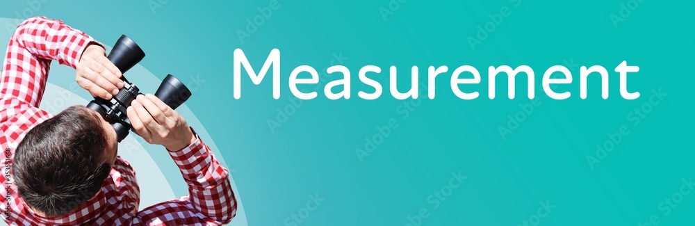 Naklejka premium Measurement. Businessman (man) looks through binoculars. Birds eye view. Focus on text. Blue Background. Business, Finance, Statistics, Analysis, Economy