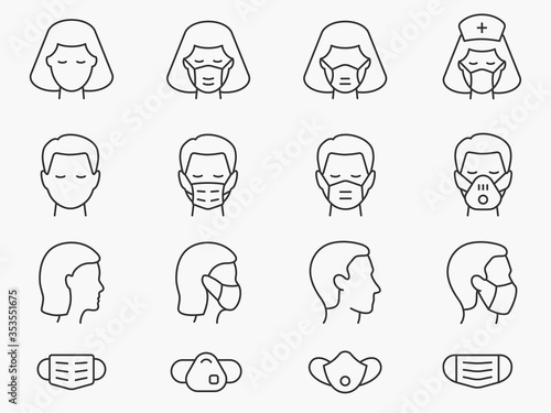 Medical face mask line icons set. Black vector illustration. Editable stroke.