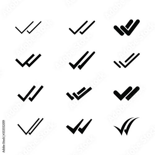 Double checking in different style for confirm approval. Two arrow for Valid seal sign. Checklist completed logo. Double check mark icon set. Vector illustration. Design on white background. EPS 10