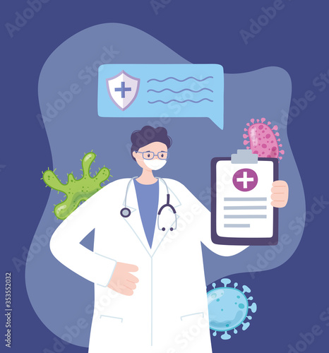 telemedicine, doctor with medical mask and report, spread coronavirus, treatment and online healthcare services