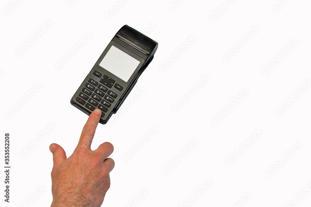 Hand enters PIN - password - isolated on white background. Security of payments. Hand enters PIN - password - isolated on white background. Security of payments.