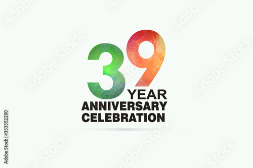 39 year anniversary celebration logotype with watercolor Green and Orange Emboss Style isolated on white background for invitation card, banner or flyer - vector
