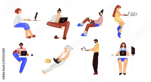 Vector set of people working on a laptop. Man and woman multiracial characters  working remotely at home collection. Remote work  home office character set.