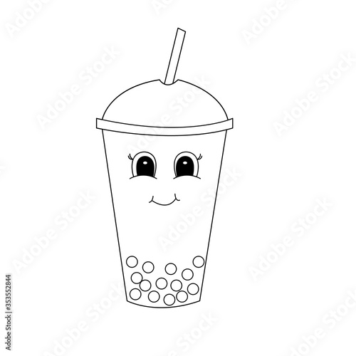 Hand drawn bubble tea, of black contour isolated on white background. Design element for coloring book. Vector.