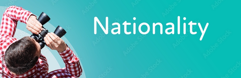 Naklejka premium Nationality. Businessman (man) looks through binoculars. Birds eye view. Focus on text. Blue Background. Business, Finance, Statistics, Analysis, Economy