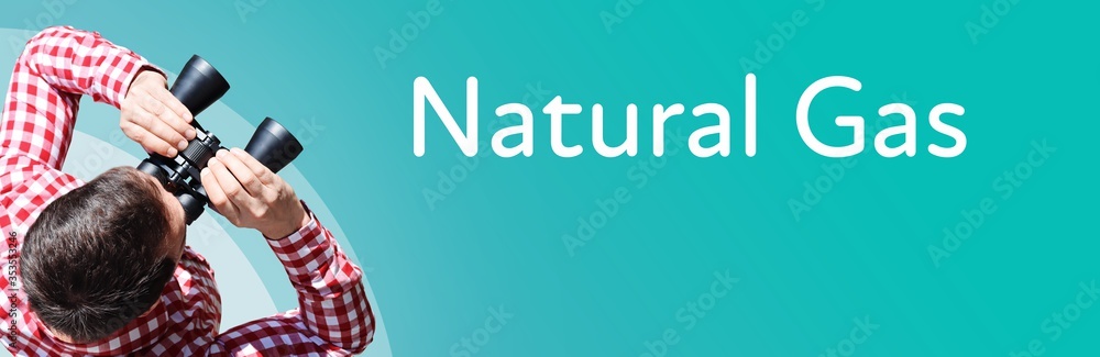 Naklejka premium Natural Gas. Businessman (man) looks through binoculars. Birds eye view. Focus on text. Blue Background. Business, Finance, Statistics, Analysis, Economy