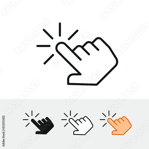 Hand pointer on clicking mouse symbol. Finger mouse cursor illustration for web design. point press button. Hand click icon template. Vector illustration. Design on white background. EPS 10