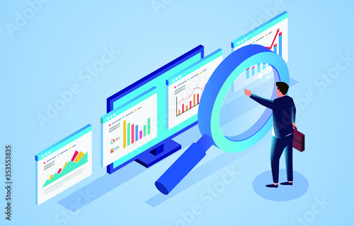 Financial data monitoring and analysis, businessman standing in front of magnifying glass and observing webpage data