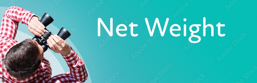 Fototapeta premium Net Weight. Businessman (man) looks through binoculars. Birds eye view. Focus on text. Blue Background. Business, Finance, Statistics, Analysis, Economy