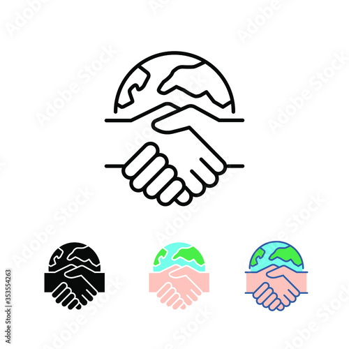 Global handshake sign for collaboration.  International partners, global business contract between international companies. World globe international partnership icon. Vector illustration. EPS10